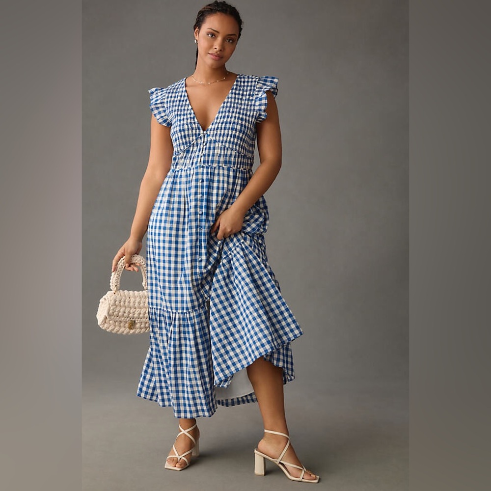 Anthropologie Blue and White Gingham Midi Dress - Picture 2 of 13